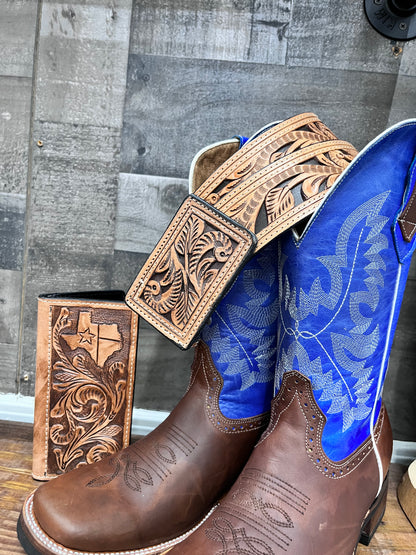 Men's Tobacco and Blue Feather Weight Wide Square Toe Cowboy Boots