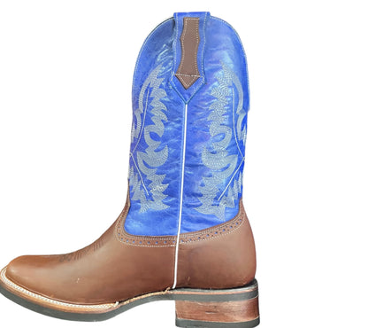 Men's Tobacco and Blue Feather Weight Wide Square Toe Cowboy Boots