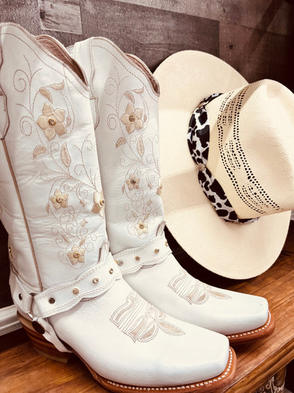 White Floral Western Boots