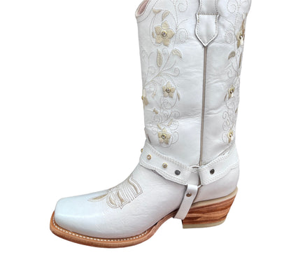 White Floral Western Boots