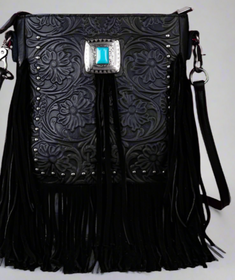 Leather Tooled Fringe Crossbody