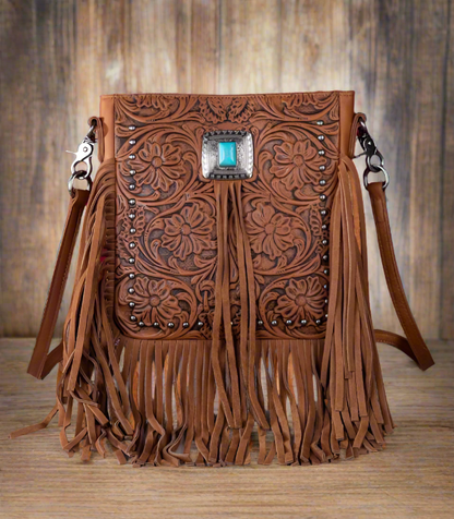 Leather Tooled Fringe Crossbody