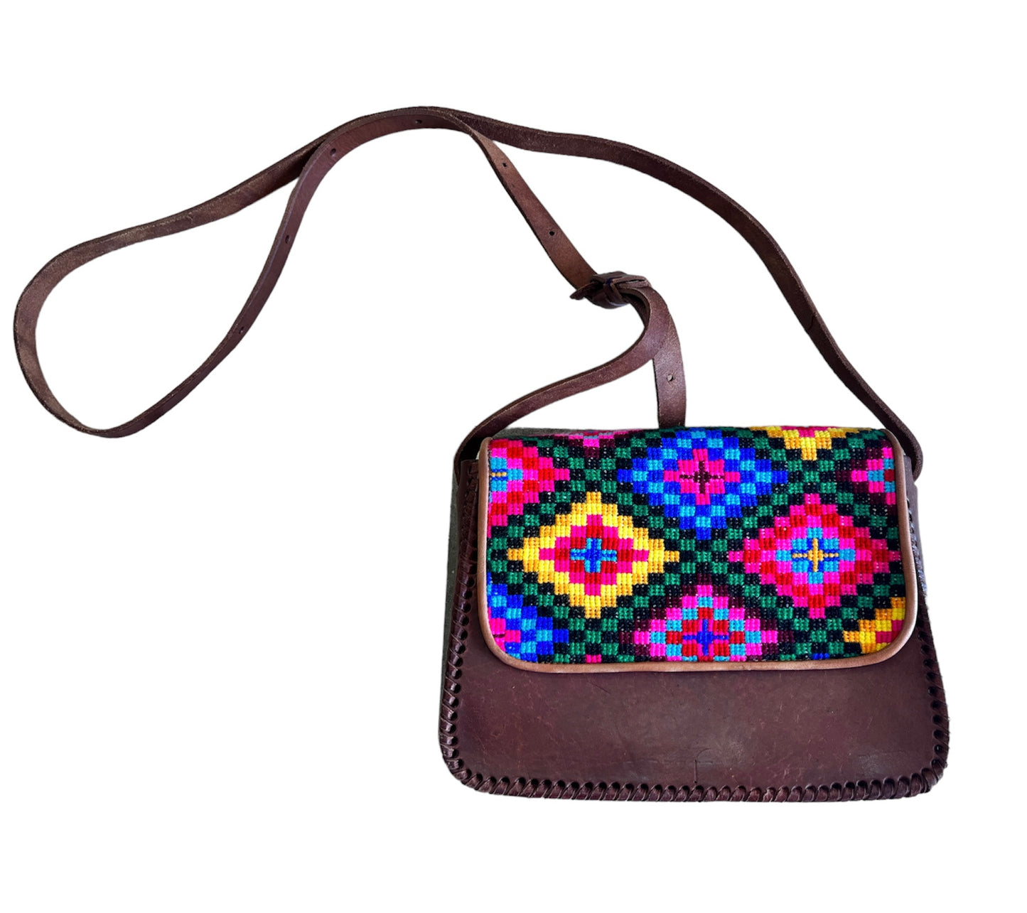 Bolso bandolera de cuero bordado de Chiapas Mexicano