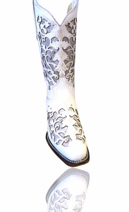 Woman’s White Glitter Inlay Boots