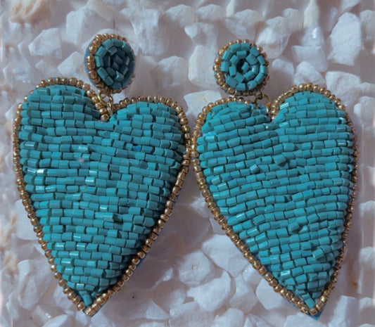 Cyan Blue with Gold Heart Earrings