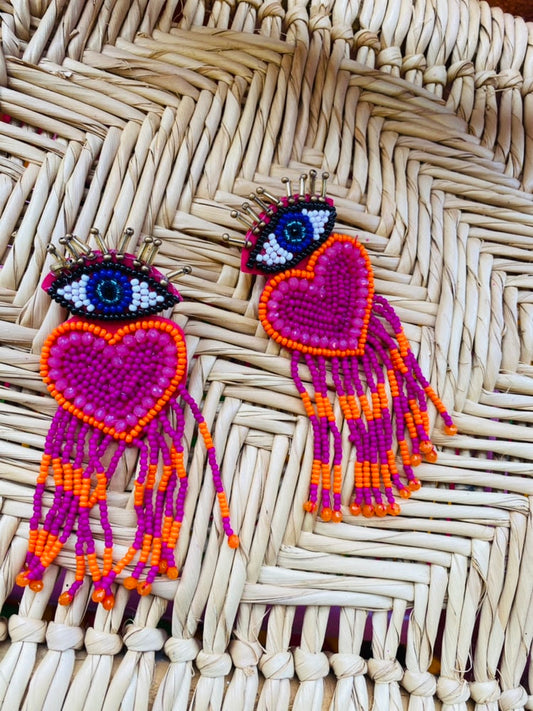 Magenta Orange Evil Eye Earrings